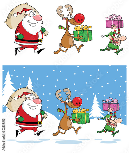 Santa Claus,Reindeer And Elf Running In Christmas Night. Vector Collection Set