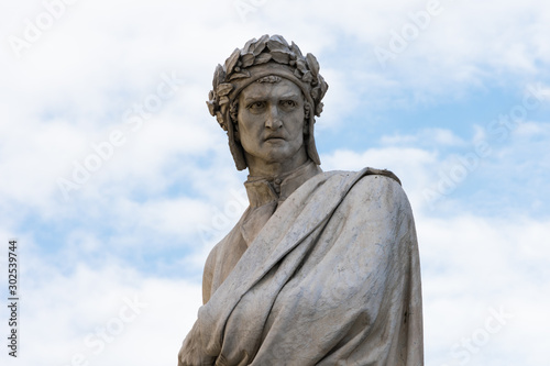 Dante Alighieri statue in florence, italy, close up. Italian writter