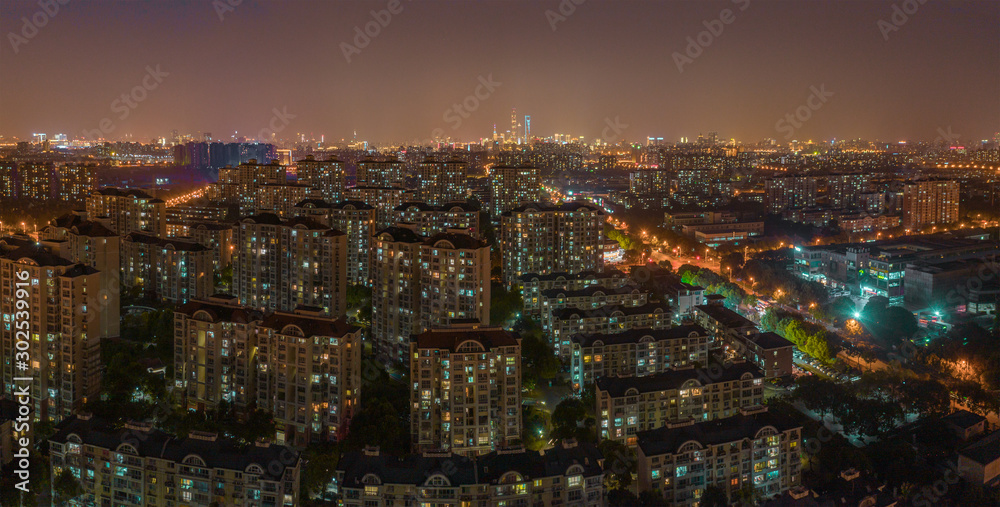 Panoramic aerial photography of the night view of Shanghai, China