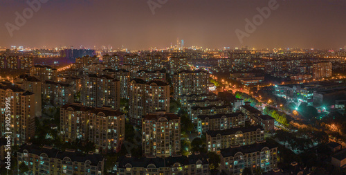 Panoramic aerial photography of the night view of Shanghai, China