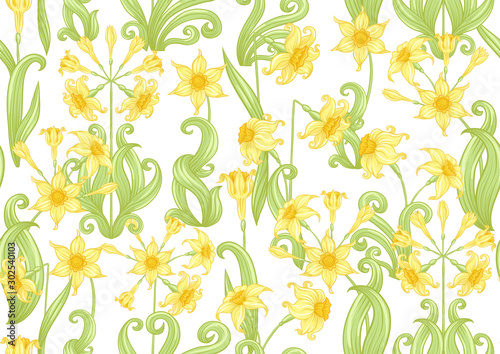 Narcissus. Seamless pattern  background. Colored vector illustration. In art nouveau style  vintage  old  retro style. In soft yellow colors. Isolated on white background