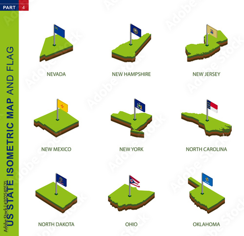 Set of 9 isometric US state maps and flags, 3D vector isometric shape.