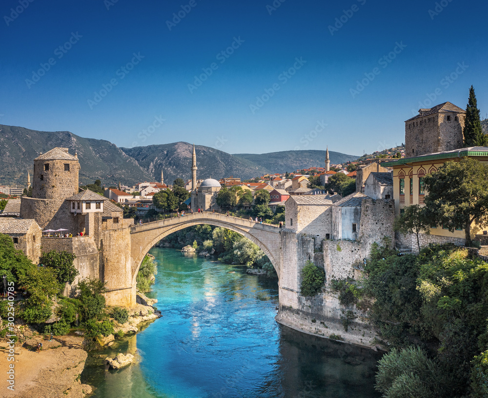 Aerial view on the medieval bridge of Mostar