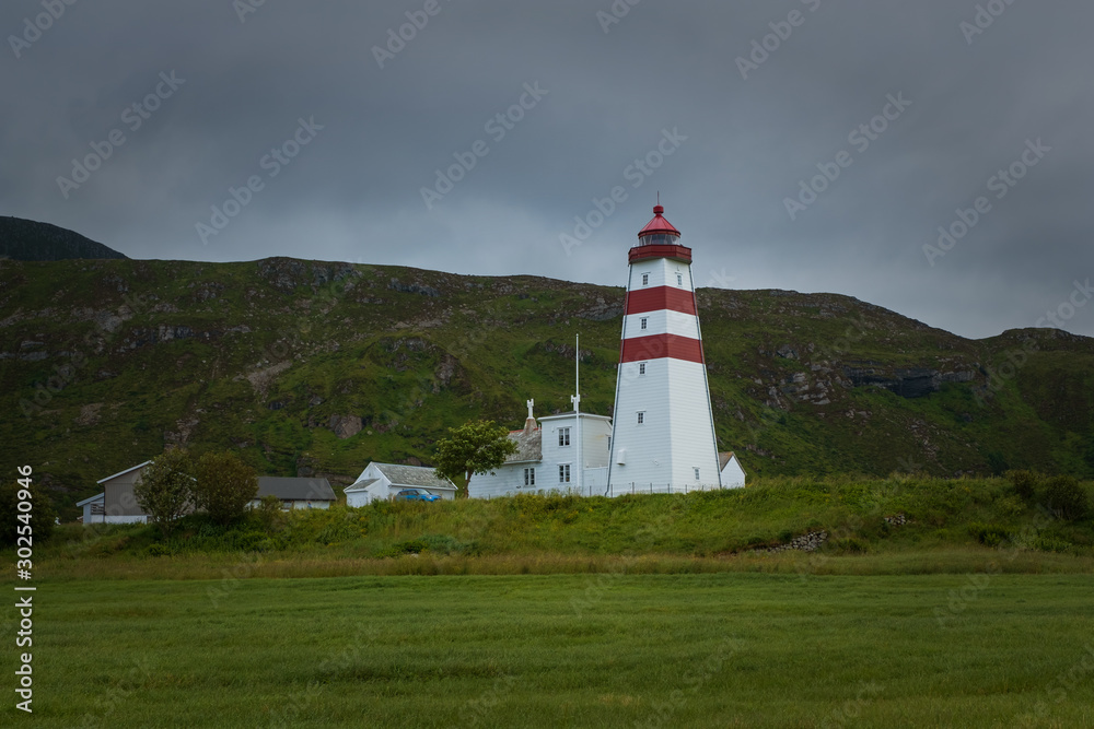 The lighthouse of Alnes, Godoy island, on the west coast of Norway. July 2019