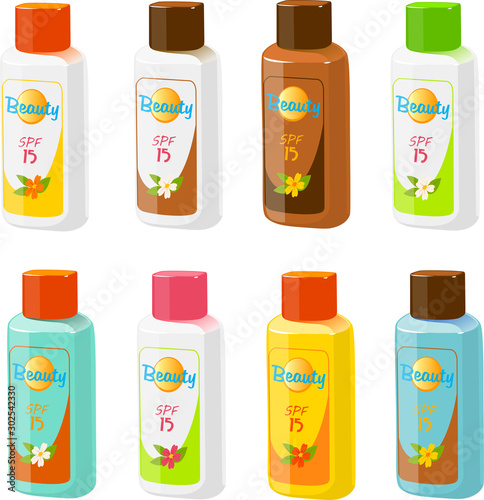 Vector illustration of various kinds of sun protector lotion, sun screen or tanning lotion