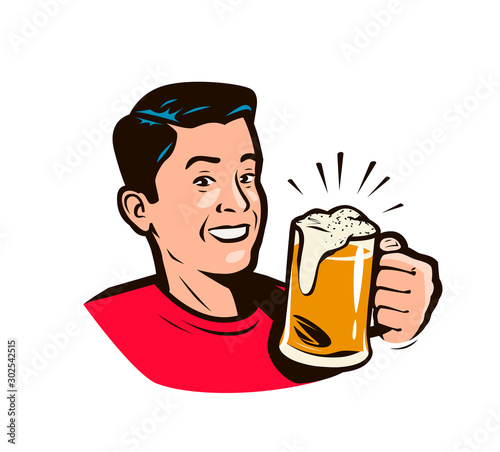 Man holding beer mug. Cartoon vector illustration
