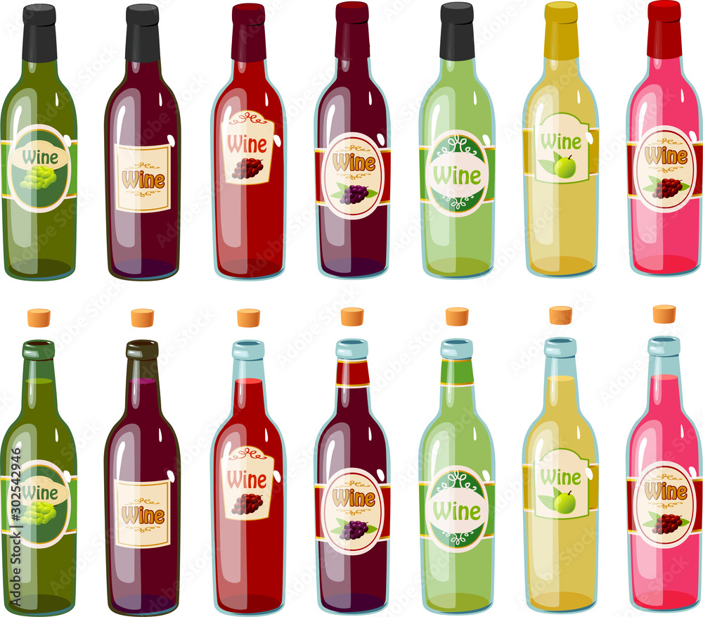 Vector illustration of various bottles of red, white and rose wine Vector illustration of various bottles of red, white and rose wine