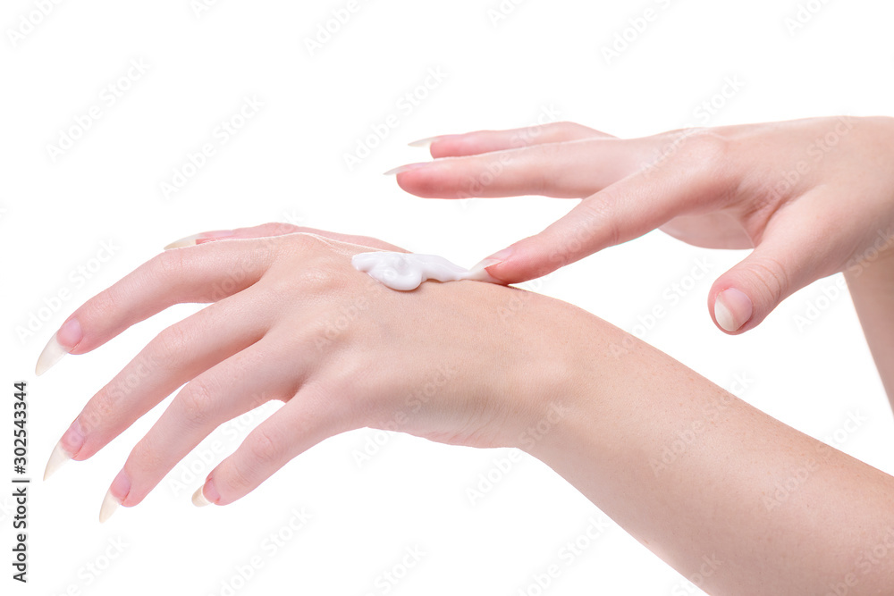 Beautiful hands girl on white background. Beautiful hands of young woman white background. Moisturizer female hand. Apply cream on the skin hands. Applying moisturizer for the hands young girl. Beautiful hands girl on white background. Beautiful hands of young woman white background. Moisturizer female hand. Apply cream on the skin hands. Applying moisturizer for the hands young girl.