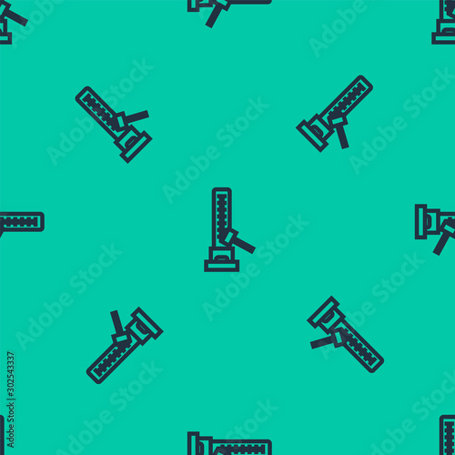 Blue line High striker attraction with big hammer icon isolated seamless pattern on green background. Attraction for measuring strength. Amusement park. Vector Illustration