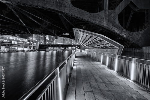 Under a bridge on the Chicago Riverwalk