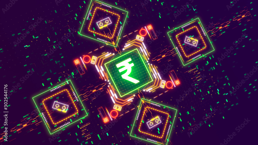 India money cyber currency sign. Digital financial background. rupee symbol