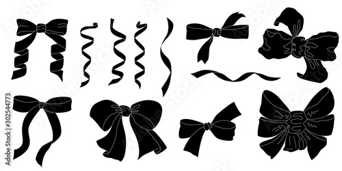 A set of vector silhouettes of bows and ribbons with a white stroke. Icons, logos for design on the theme of the holiday. Elements for holiday decorations.