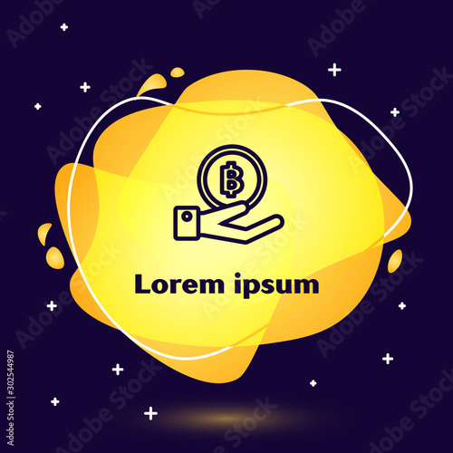 Black line Hand holding Bitcoin icon on dark blue background. Blockchain technology, digital money market, cryptocoin wallet. Abstract banner with liquid shapes. Vector Illustration