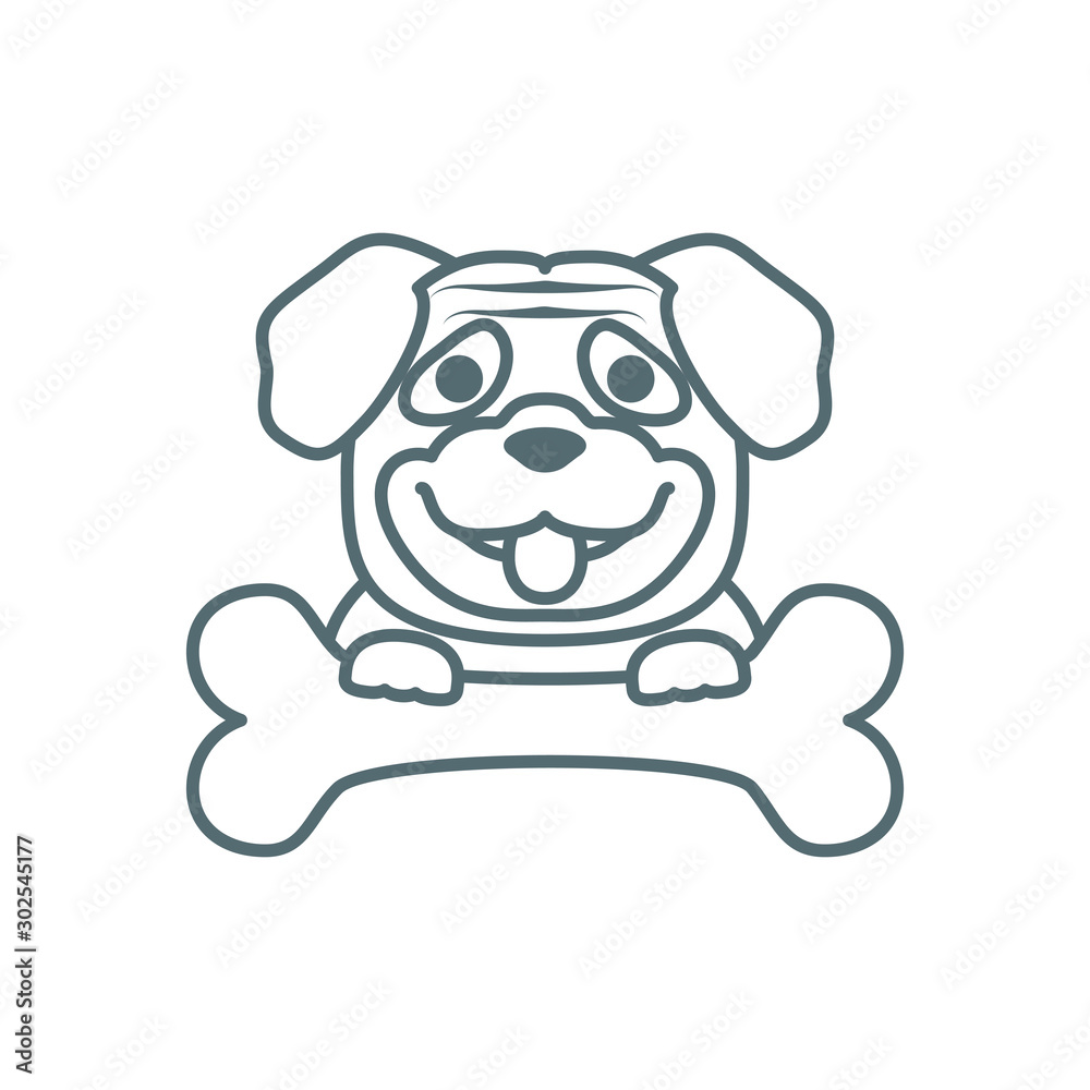 cute little pug dog line with bone style icon cute little pug dog line with bone style icon