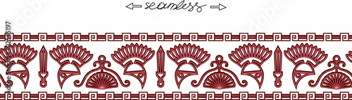 abstract horizontal seamless pattern in the form of ancient Greek ornament with military elements helmet with feathers and sword Gladius, vector illustration isolated on white background in flat style