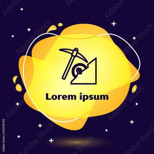 Black line Cryptocurrency cloud mining icon on dark blue background. Cloud with pickaxe, bitcoin, digital money market, cryptocoin wallet. Abstract banner with liquid shapes. Vector Illustration