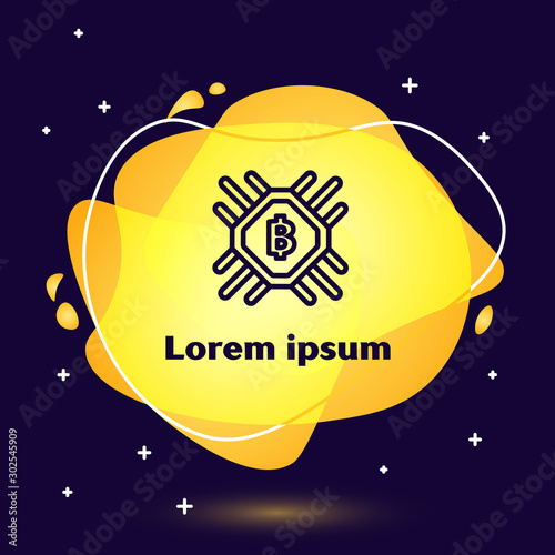 Black line CPU mining farm icon on dark blue background. Bitcoin sign inside processor. Cryptocurrency mining community. Digital money. Abstract banner with liquid shapes. Vector Illustration