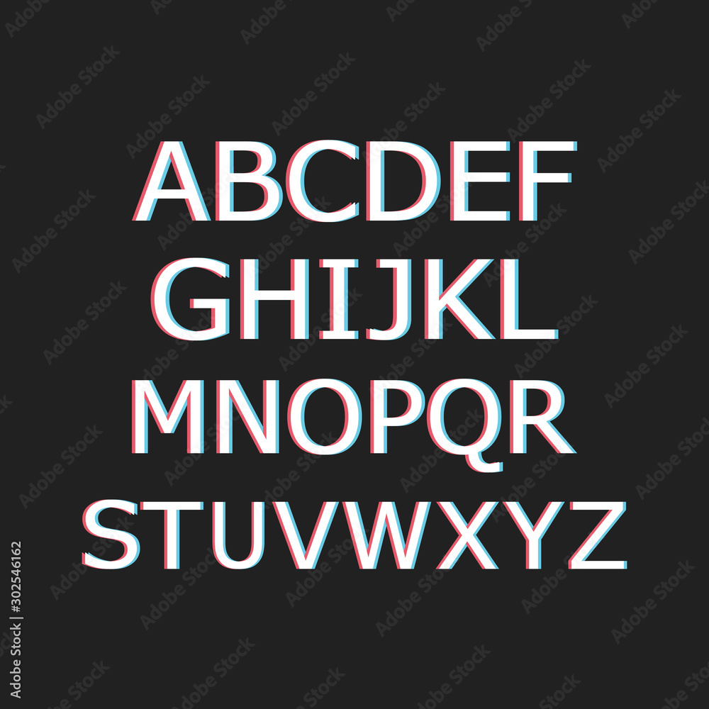 simple modern overprint alphabet, poster font typeface, glitch effect on black background.