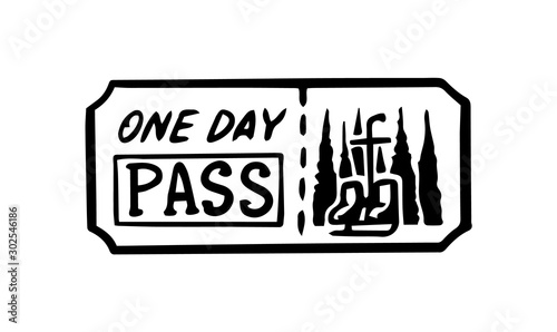 Vintage ticket. Pass for the winter camp. Card template with Christmas trees and calligraphic lettering. Engraved hand drawn in old doodle vintage sketch. Badge or emblem, logo for sign.