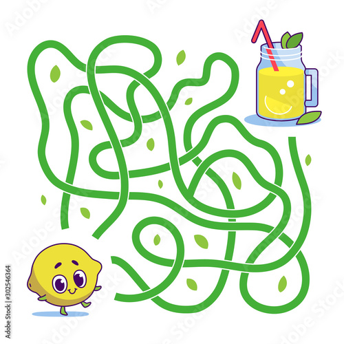 Help cute lemon find path to lemonade. Labyrinth. Vegan maze game for kids. Vector illustration on white background.