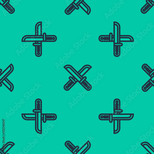 Blue line Crossed hunter knife icon isolated seamless pattern on green background. Army knife. Vector Illustration