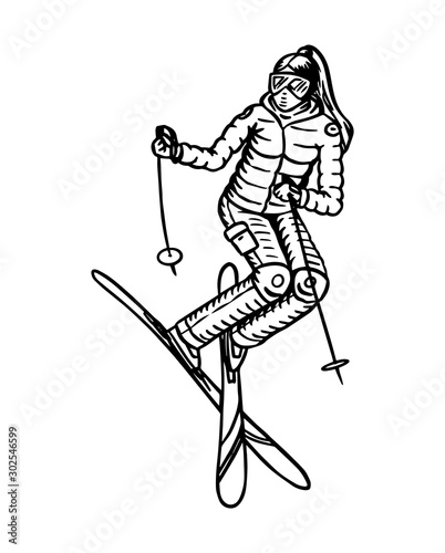 Jumping skier woman. Active winter sport. Engraved hand drawn vintage sketch athlete for label or signboard or web site. Vector illustration.