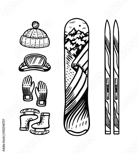 Vintage style snowboard and ski. Winter warm clothes. Elements for active mountain sports. Engraved hand drawn outline retro sketch for stickers or signage, banners or notepads.