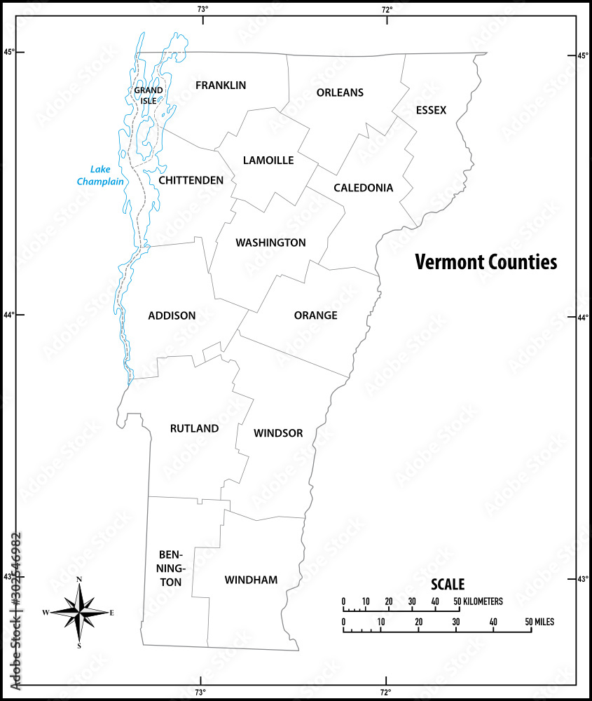 Vermont state outline administrative and political map in black and