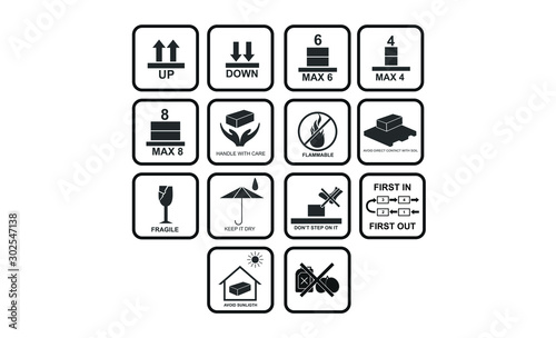 most used Packaging symbols set on vector cardboard background. Packing icon collection including fragile, recycle, handling with care, flammable and other signs. For box, design, infographic