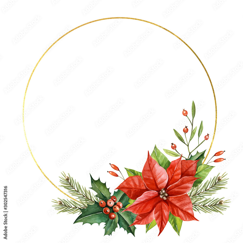Naklejka premium Watercolor hand painted winter holiday card with red flower poinsettia, green fir branches and gold frames on the white background with text for christmas party invitations