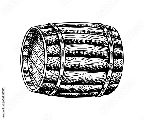 Wooden wine barrel. Engraved hand drawn vintage retro sketch for logo or whiskey label or alcohol menu. Vector illustration.