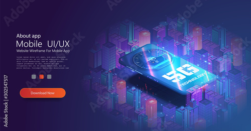 5G network wireless technology vector illustration. Isometric smartphone with big letters 5g and speed test. High-speed mobile Internet. Using modern digital devices. Web page template.Blue color.City