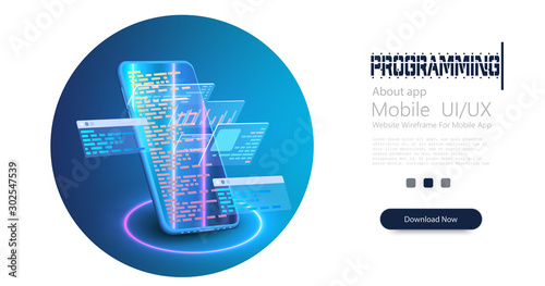Development and software. Concept of programming, data processing. Computer code with on phones screen. Software development coding process concept. Programming, testing cross platform code phone.Neon
