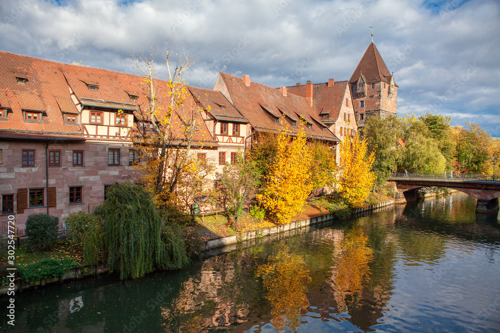 autumnal scenery with Pegnitz river in Nuremberg