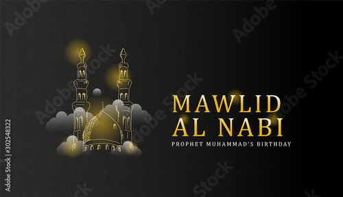 Hand drawn banner mawlid al nabi with light effect on the mosque and text