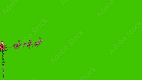 Santa Claus on a Reindeer Sleigh Flying on a Green Background, Beautiful 3d Animation, Two Cameras, 4k photo