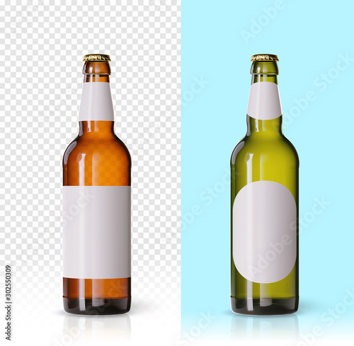 Wheat beer ads, realistic vector beer bottle with attractive beer and ingredients on background. Bottle beer brand concept on backgrounds, with different mock ups and caps. Set of bottles