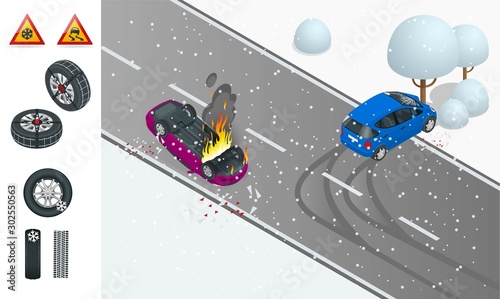 Isometric winter slippery road, car accident. The car rides on a slippery road. The car crashed into a tree, the car turned over and caught fire. Urban transport. Car with snow chains