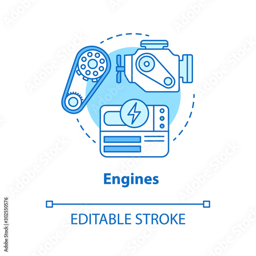 Engines blue concept icon. Power source idea thin line illustration. Modern motors, mechanism. Innovative energy source and engineering. Vector isolated outline drawing. Editable stroke