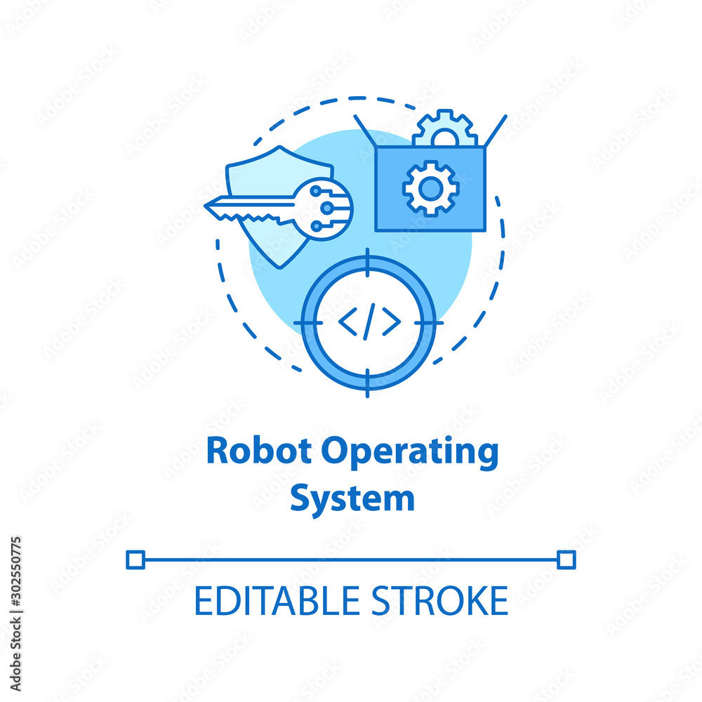 Robot operating system blue concept icon. Robotics software idea thin line illustration. Information technologies and innovative programming. Vector isolated outline drawing. Editable stroke Robot operating system blue concept icon. Robotics software idea thin line illustration. Information technologies and innovative programming. Vector isolated outline drawing. Editable stroke