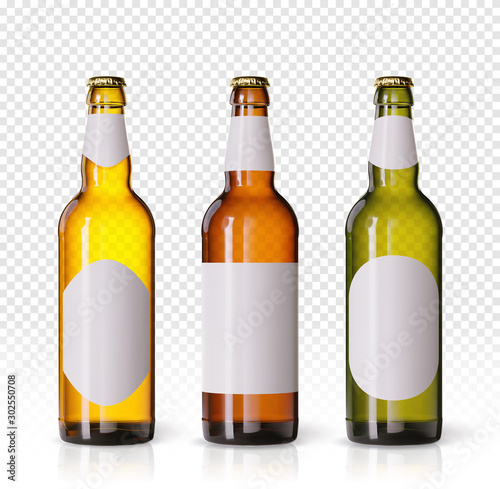Wheat beer ads, realistic vector beer bottle with attractive beer and ingredients on background. Bottle beer brand concept on backgrounds, with different mock ups and caps. Set of bottles