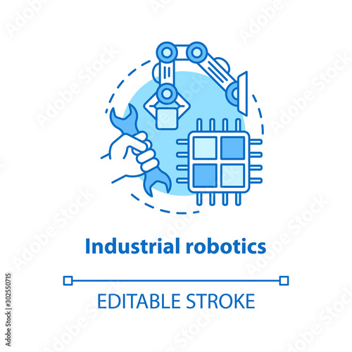 Industrial robotics blue concept icon. Building technology idea thin line illustration. Types of robots, classification. Computer machine constructing. Vector isolated outline drawing. Editable stroke
