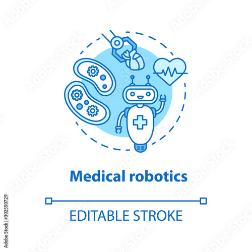 Medical robotics concept blue icon. Health care computer machines idea thin line illustration. Types of robots. Innovative hospital system. Vector isolated outline drawing. Editable stroke