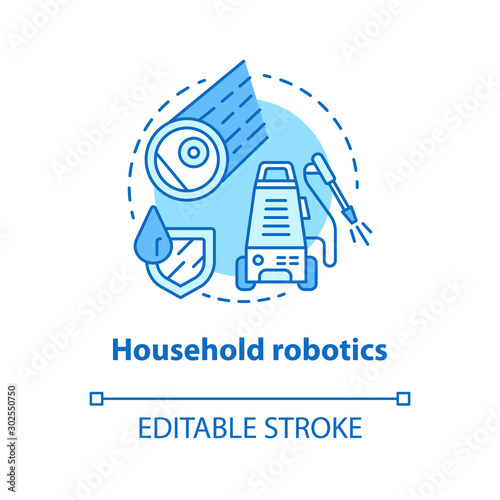 Household robotics blue concept icon. Domestic robot idea thin line illustration. Modern futuristic technologies. Automated cleaning machines. Vector isolated outline drawing. Editable stroke