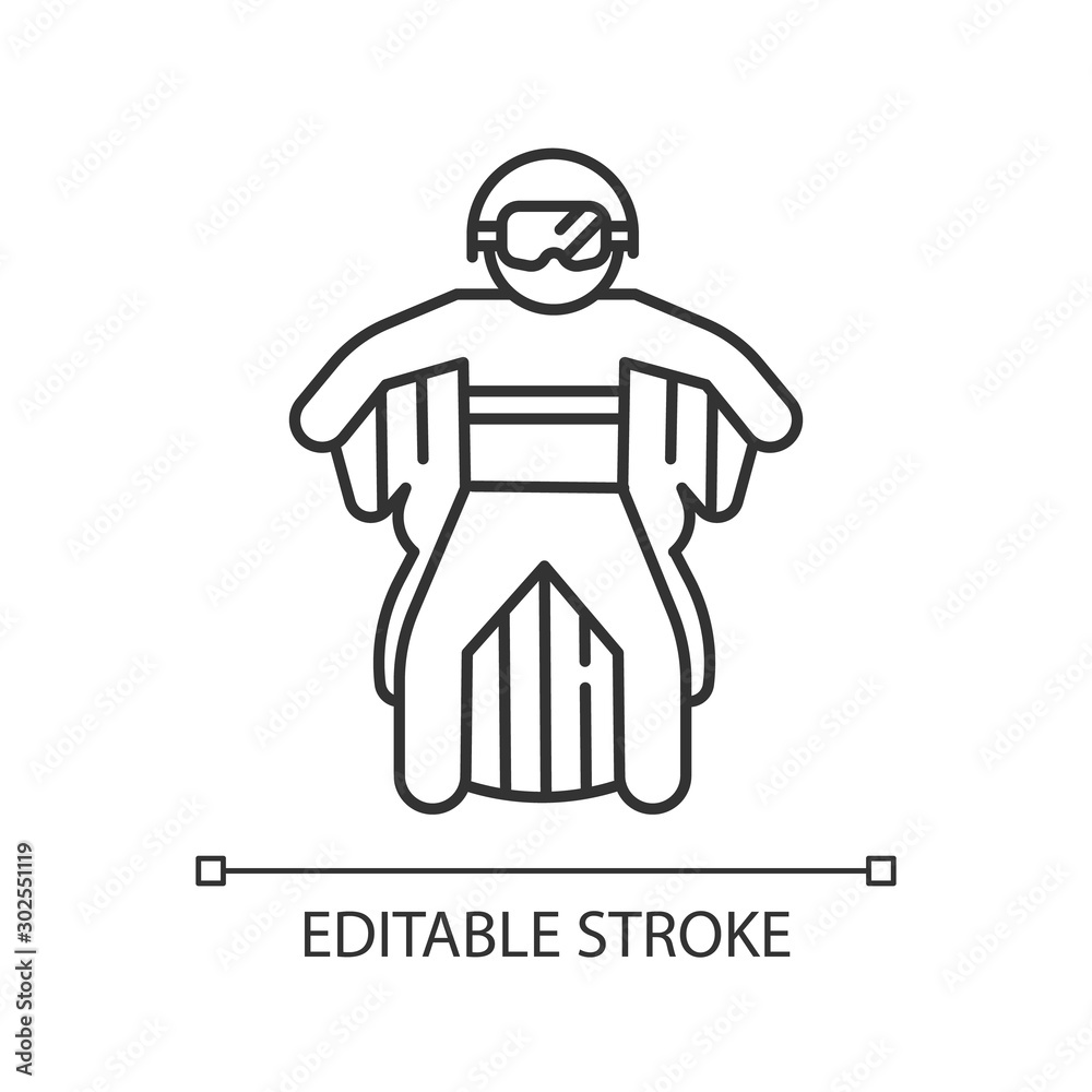 Wingsuit flying linear icon. Skydiver jumping with wing suit. Skydiving. Air extreme sport. Parachutist flying. Thin line illustration. Contour symbol. Vector isolated outline drawing. Editable stroke Wingsuit flying linear icon. Skydiver jumping with wing suit. Skydiving. Air extreme sport. Parachutist flying. Thin line illustration. Contour symbol. Vector isolated outline drawing. Editable stroke