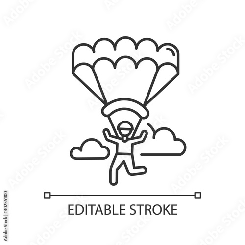 Paragliding linear icon. Parachuting , paratrooping activity. Skydiving, hang gliding recreation. Flights in sky and jumps with parachute. Contour symbol. Vector isolated drawing. Editable stroke