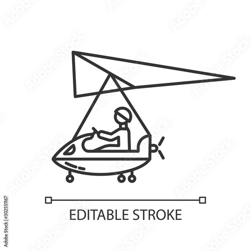 Ultralight aviation linear icon. Micro lighting. Air extreme sport. Microlight trick. Adrenaline recreation. Stunt flying. Ultra light aeroplane flights. Vector isolated drawing. Editable stroke