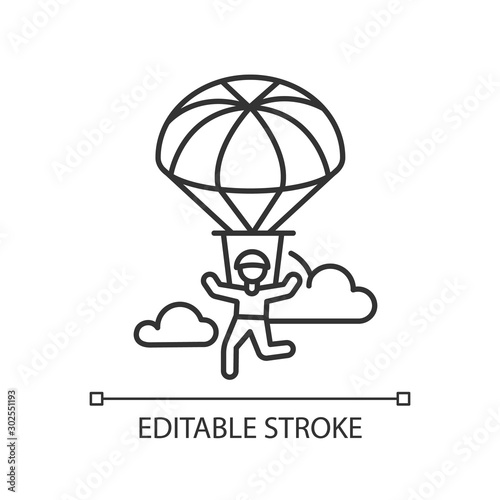 Parachuting linear icon. Paragliding, paratrooping activity. Air extreme sport. Skydiving, hang gliding recreation. Flights in sky and jumps with parachute. Thin line illustration. Contour symbol