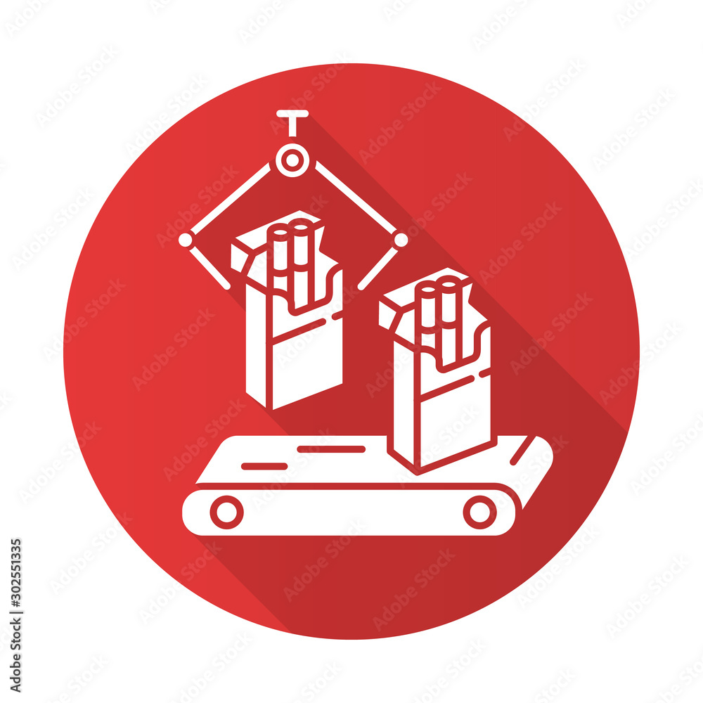 Tobacco industry red flat design long shadow glyph icon. Conveyor automatic cigarette production line. Manufacturing of packs of cigarettes on factory. Vector silhouette illustration
