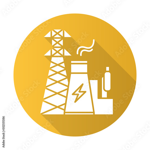Energy industry yellow flat design long shadow glyph icon. Electricity generation and transmission. Electrical sector. Nuclear power plant and high voltage tower. Vector silhouette illustration